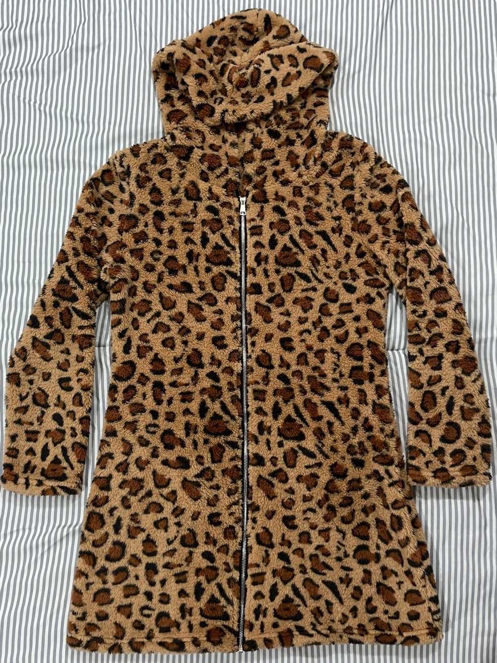 Leopard Print Hooded Faux Fur Coat